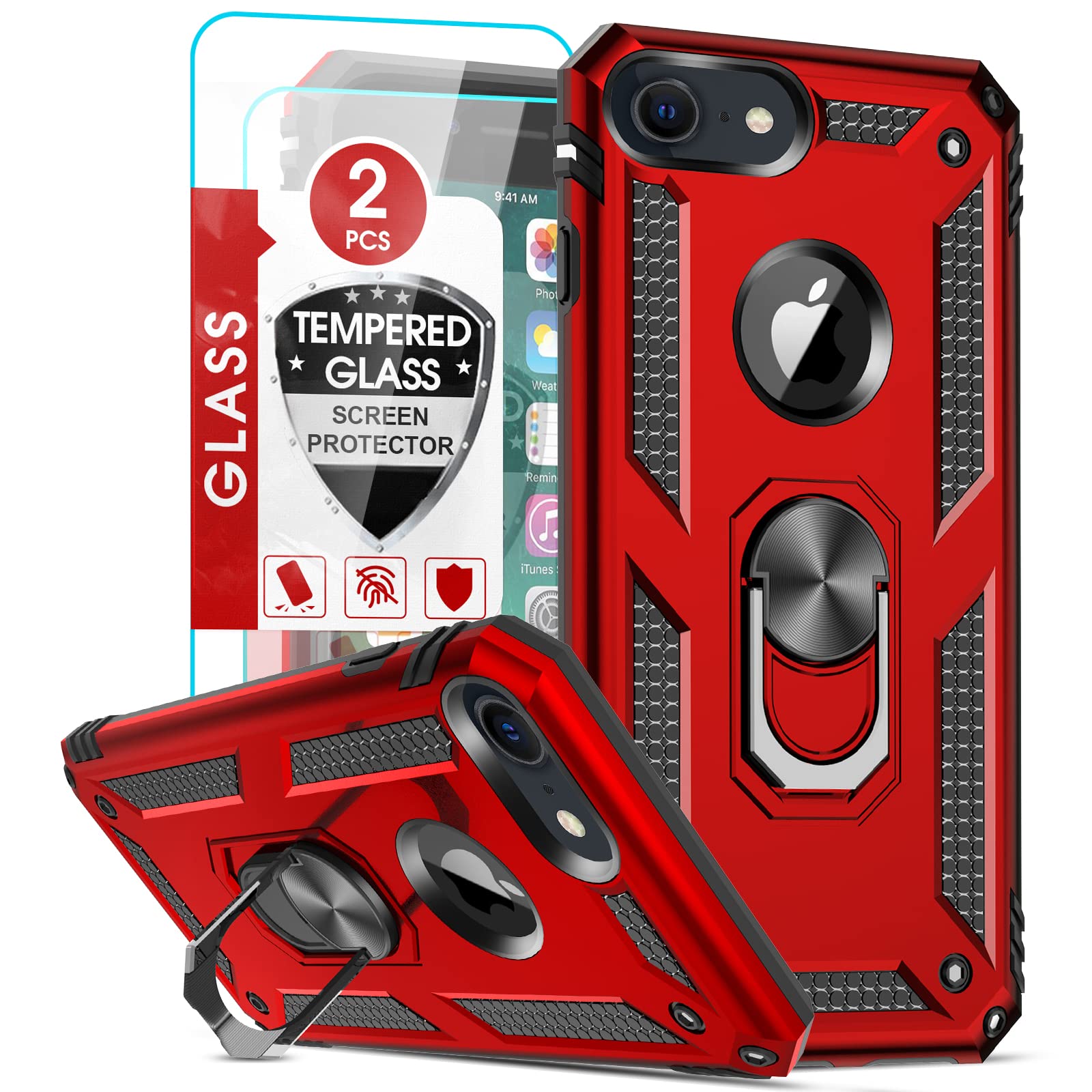LeYi Case for iPhone SE3 2022/8/7/SE 2020/6/6s with 2 Tempered Glass, Ring Holder Military Anti-Fall Reinforced Bumper Shockproof Soft TPU and Hard PC Protective Case Red