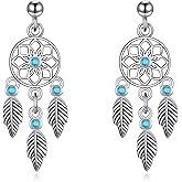 KZX Turquoise Dreamcatcher Earrings for Women 925 Sterling Silver Dream Catcher Feather Earrings Vintage Bohemian Western Jewelry Native American Indian Dream Catcher Feather Dangle Earrings