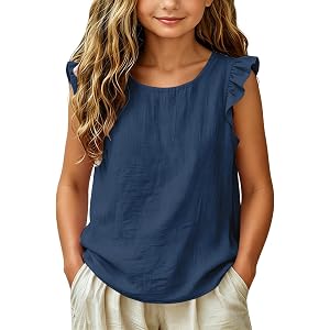 Girls Ruffle Sleeveless Tank Tops Summer Cotton Linen T-Shirts Casual Crewneck Tees Tops Basic Blouse Kdis Girl Cute Shirts