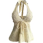 SHENHE Women's Textured Halter Tank Top Lace Trim Tie Front Sleeveless Tops