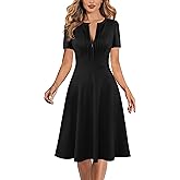 VFSHOW Womens Summer Work Business Dresses Pleated Crew Neck Front Zipper Button Office Slim A-line Fit and Flare Dress