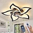 HuixuTe 24" Geometric Ceiling Fan with Lights Remote Control, 6 Speeds 3 Colors Black Low Profile Ceiling Fan with Light for Kitchen Bedroom Living Room