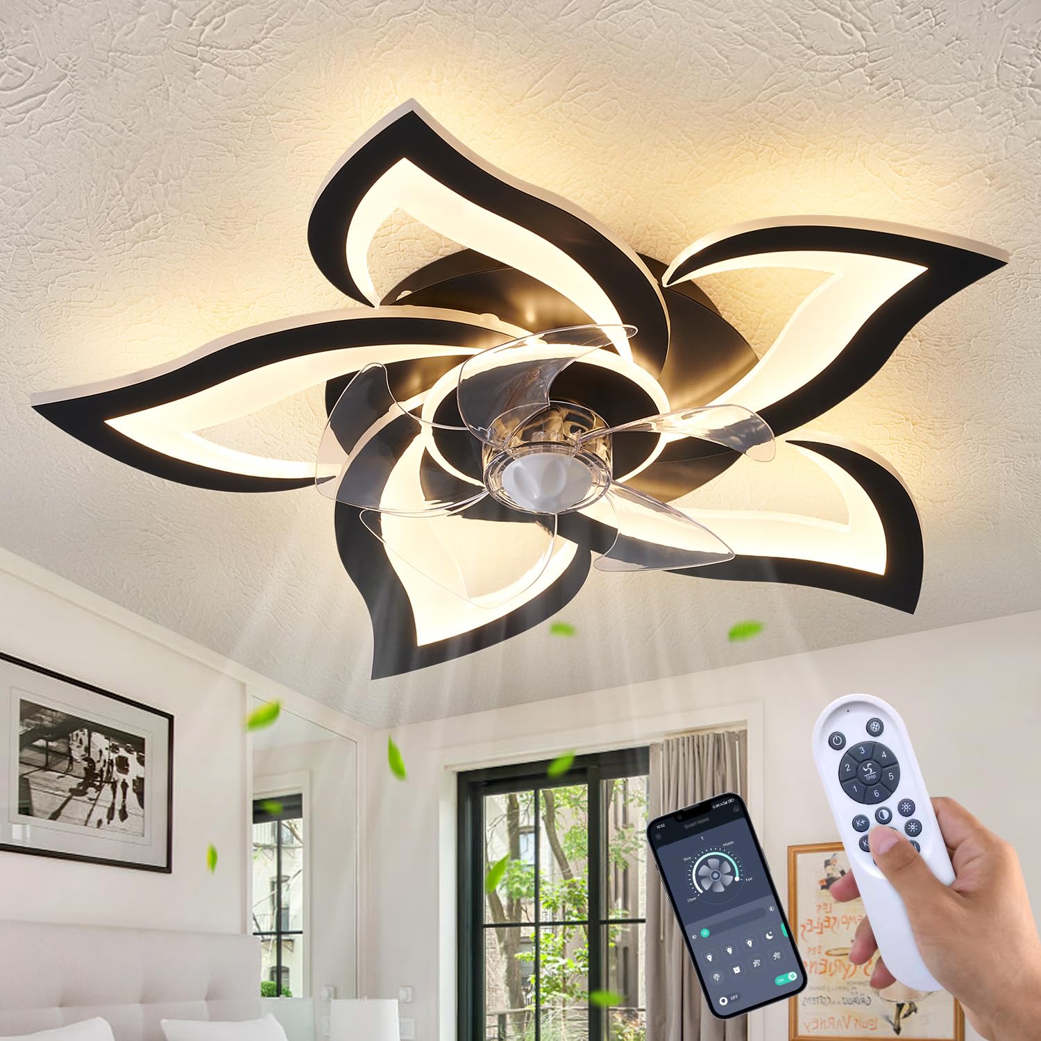 Photo 1 of HuixuTe 24" Geometric Ceiling Fan with Lights Remote Control, 6 Speeds 3 Colors Black Low Profile Ceiling Fan with Light for Kitchen Bedroom Living Room