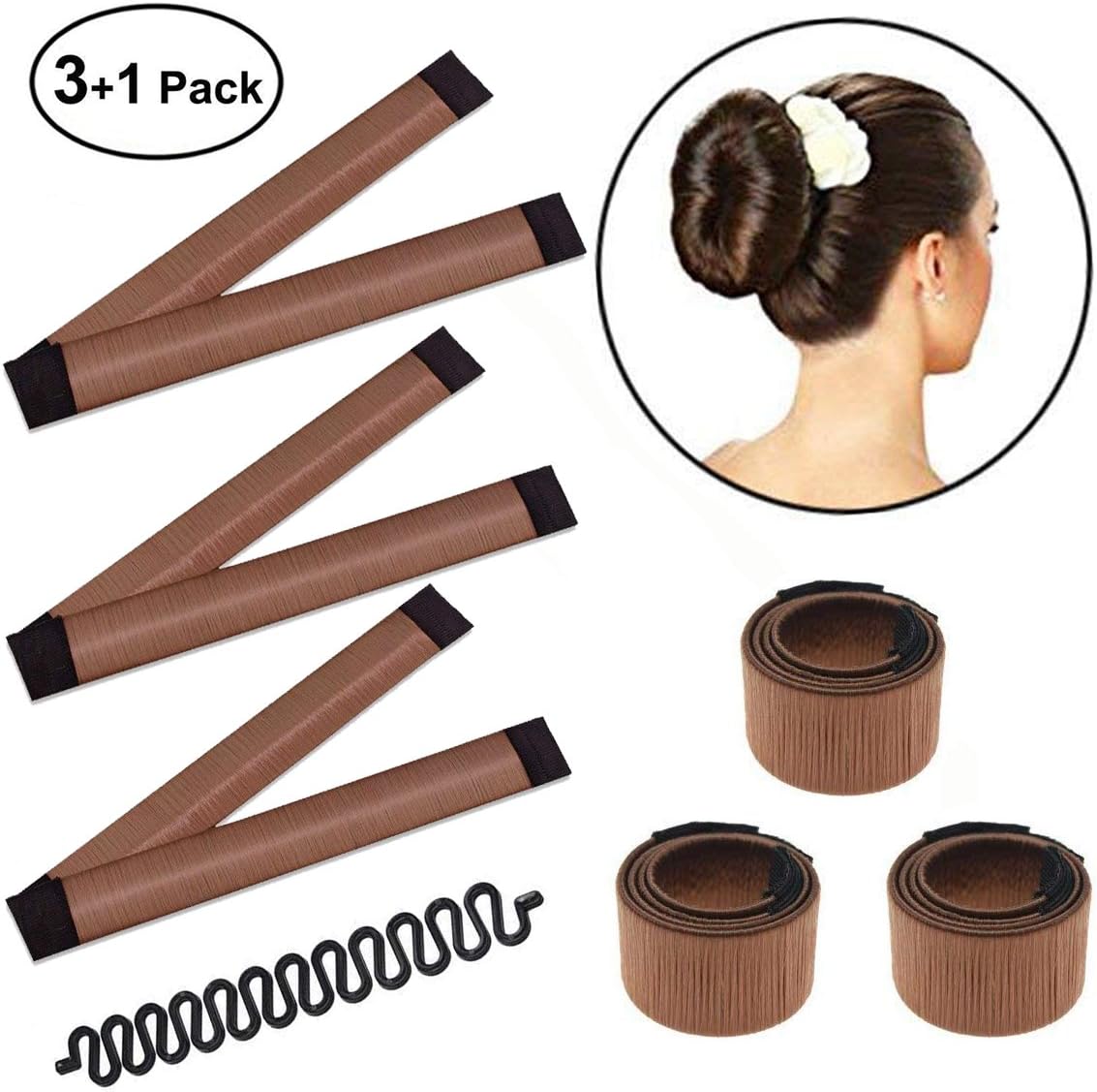 POPHEKO 3Pcs Hair Bun Maker Tool, Fashion Women Girls Kits Easy Hair Styling Accessories Magic DIY Twist Donut Bun Makers (Yellowish-Brown)