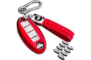 LORYVAN for Nissan Key Fob Cover Soft TPU 360 Degree Protection Key Case with Leather Keychain for Nissan Altima Maxima Murano Rogue Sentra 370z Pathfinder Smart Remote 2/3/4/5 Button Red