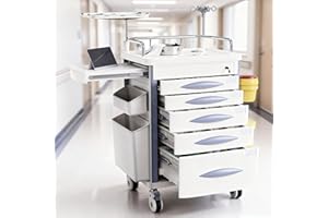OLERN Rolling Emergency Medical Storage Crash Cart with Drawers -CPR Board, IV Pole, Silent Casters, Trash Bin, O2 Holder, Drawer with Dividers, File Box, Nursing Cart for Clinic, Hospital, Salon