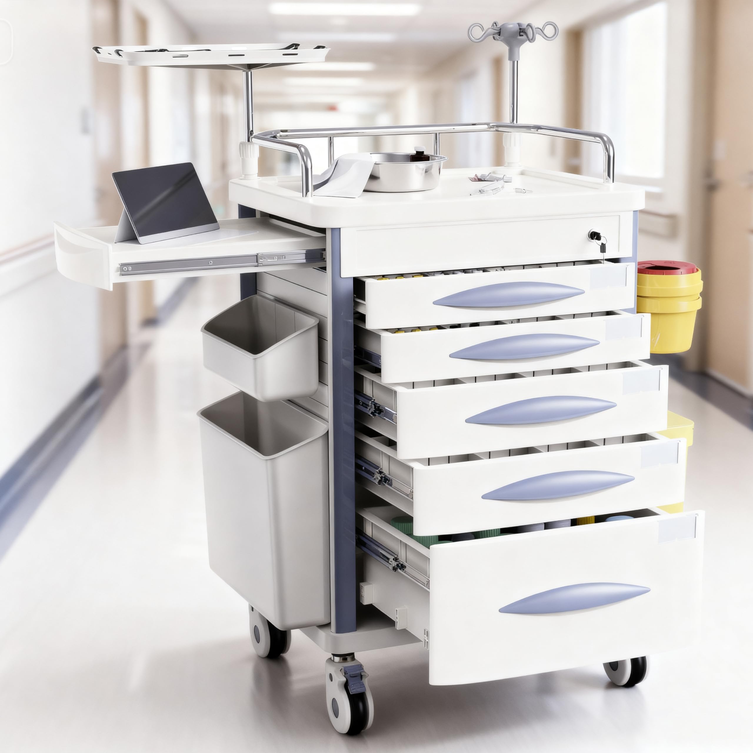 Photo 1 of **SCRAPE/DIRT FROM TRANSPORT **OLERN Rolling Emergency Medical Storage Crash Cart with Drawers -CPR Board, IV Pole, Silent Casters, Trash Bin, O2 Holder, Drawer with Dividers, File Box, Nursing Cart for Clinic, Hospital, Salon
