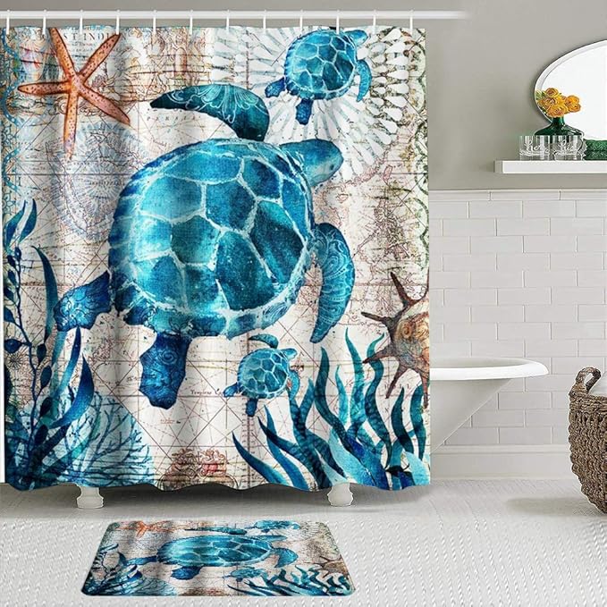 LISNIANY Duschvorhang Badezimmermatten Set，Nautische Blaue