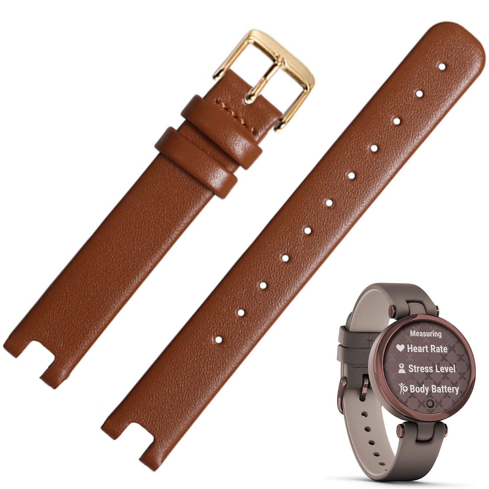 Miimall Band Compatible with Garmin Lily Leather Strap, Genuine Leather Adjustable Slim Wristband with Stainless Steel Buckle, Replacement Bracelet Strap for Garmin Lily-Brown