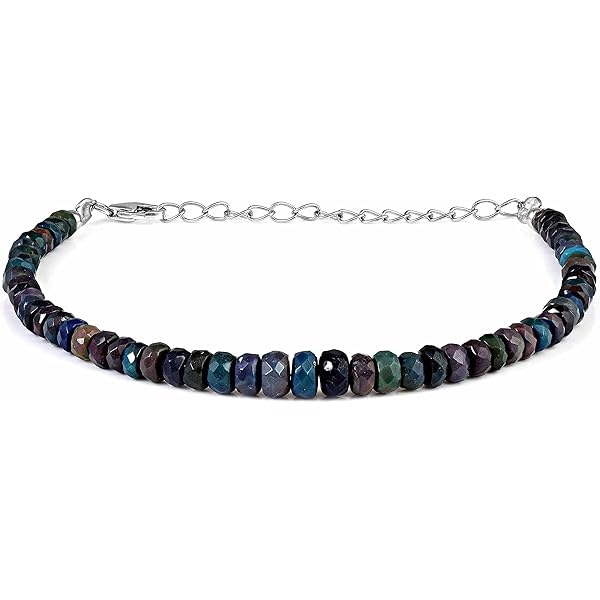 Bracelet En Opale Noire éthiopienne Et Argent 925 - Perles Rondes, 15 Carats, Réglable, Fait Main