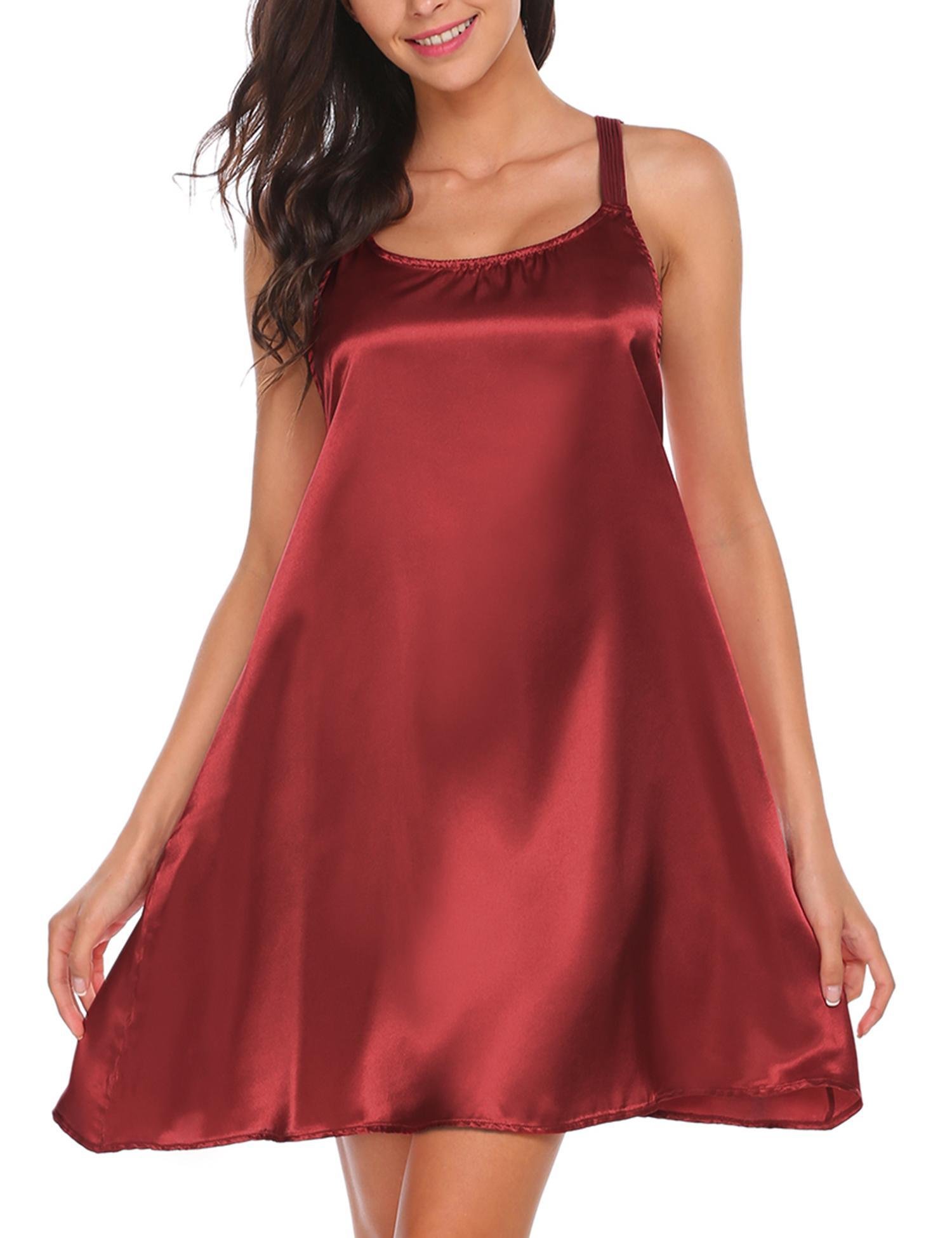 Pintimi Women\'s Red Satin Lingerie Set Silk Nightgown Nightwear With G-String