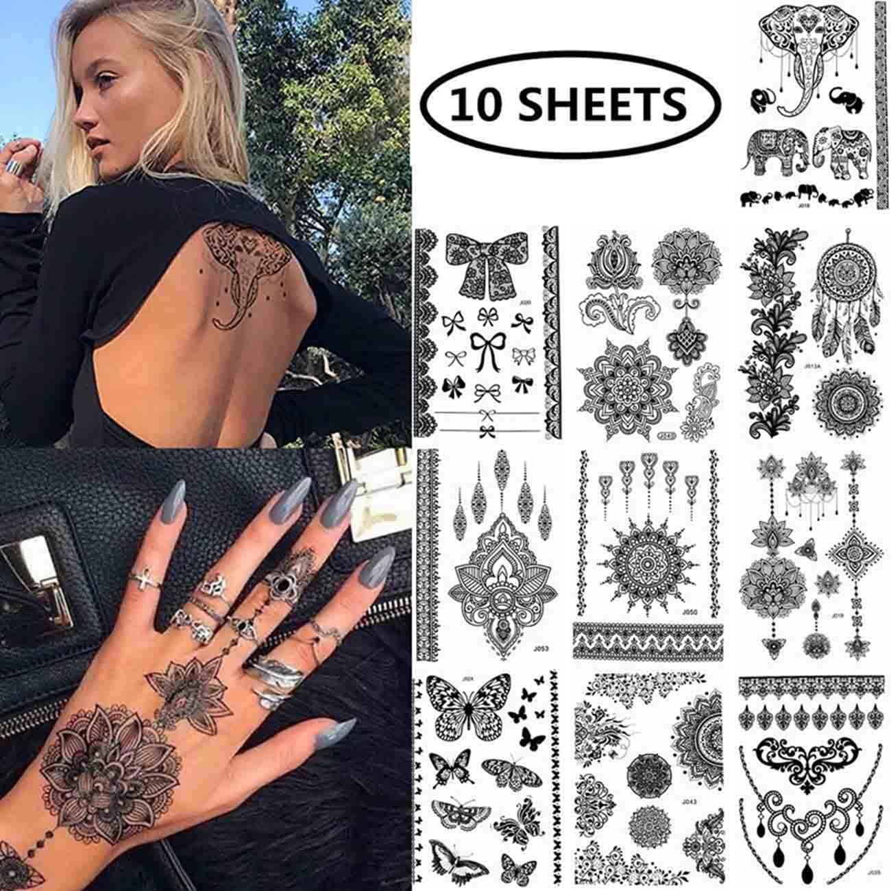WorldFun Pack of 10 Sheets Black Lace Waterproof Mandala Henna Temporary Tattoo Body Art Mehndi Sticker