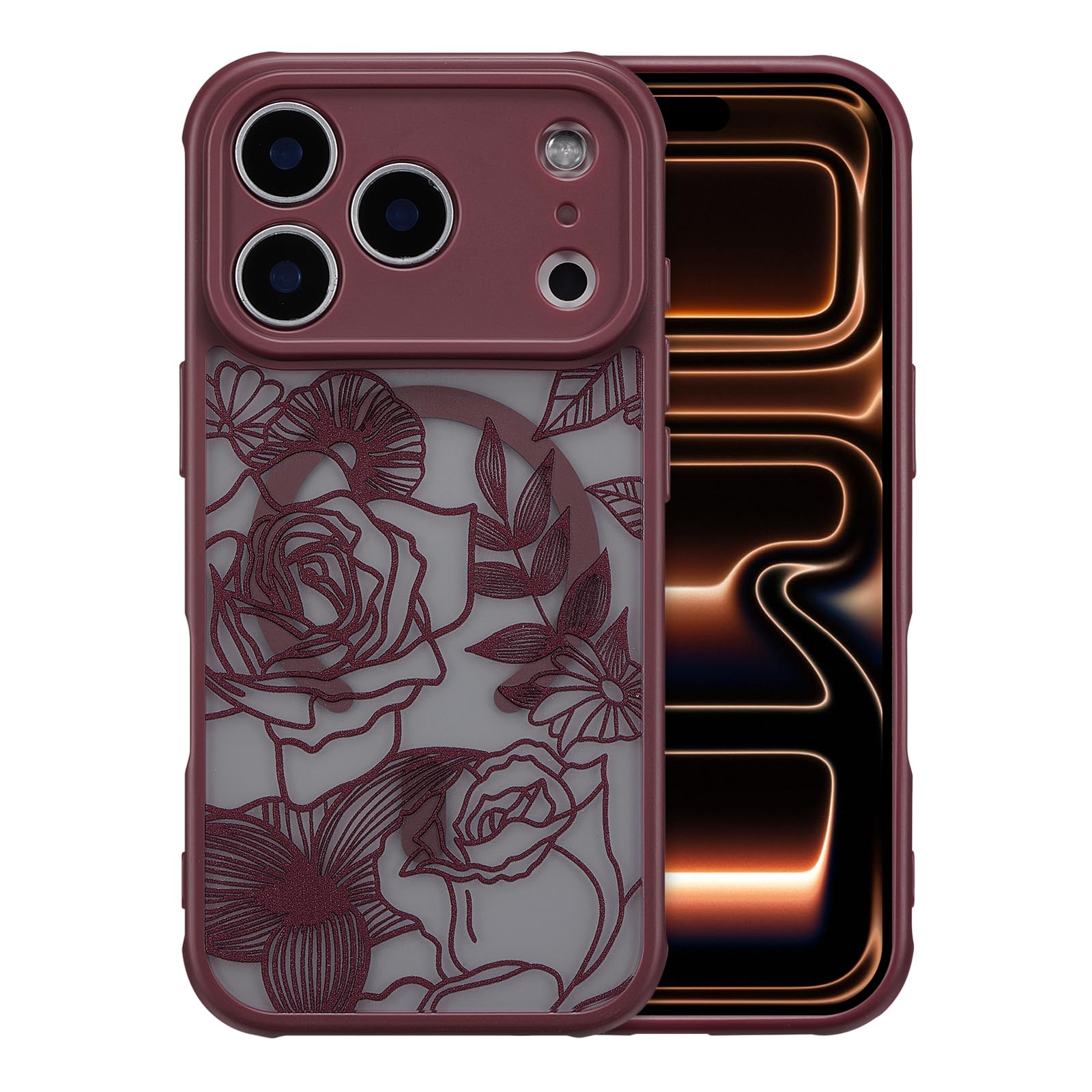 Photo 1 of XIZYO Magnetic Case for iPhone 17 Pro Max Floral Rose Cute Phone Case [Compatible with Magsafe] for Women Girls Aesthetic Pattern Slim TPU Shockproof Bumper Cover, Wine Red