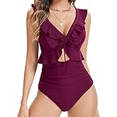 Zaverse Womens One Piece Swimsuit Tummy Control Ruffle Bathing Suit Cutout V Neck Swimwear Ruched Slimming Monokini