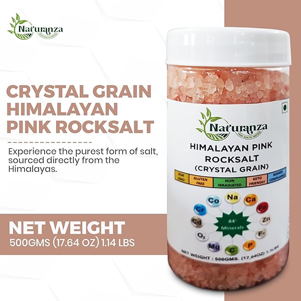 NATURANZA HIMALAYAN PINK ROCK SALT CRYSTAL GRAIN –(17.64 OZ, 1.1 LBS) 500 GMS PURE & NATURAL | ORGANIC SALT | MINERAL-RICH | ELECTROLYTES | NON-GMO | GLUTEN-FREE | KOSHER