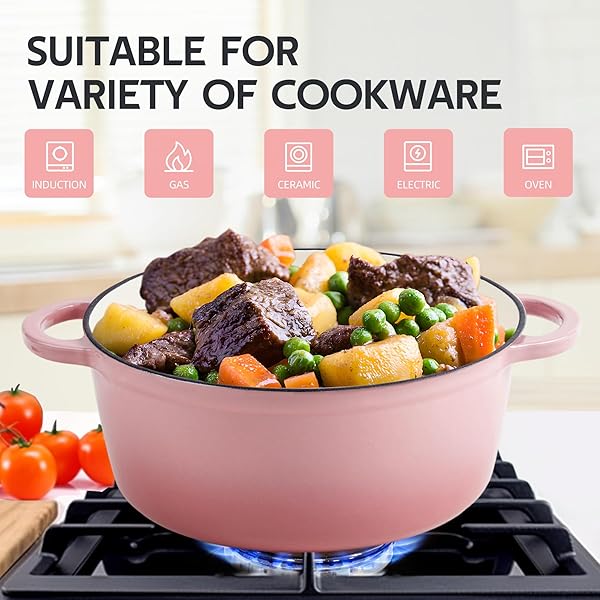 3 QUART DUTCH OVEN ENAMELED CAST IRON WITH LID – BIG DUAL HANDLES – OVEN SAFE UP TO 500°F – CLASSIC ROUND POT FOR VERSATILE COOKING PINK