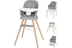 Ezebaby Baby High Chair, High Chairs for Babies and Toddlers with Adjustable Legs, 6-in-1 Convertible to Booster Seat for Dining Table, Portable Wooden High Chair with Double Cushions-Grey