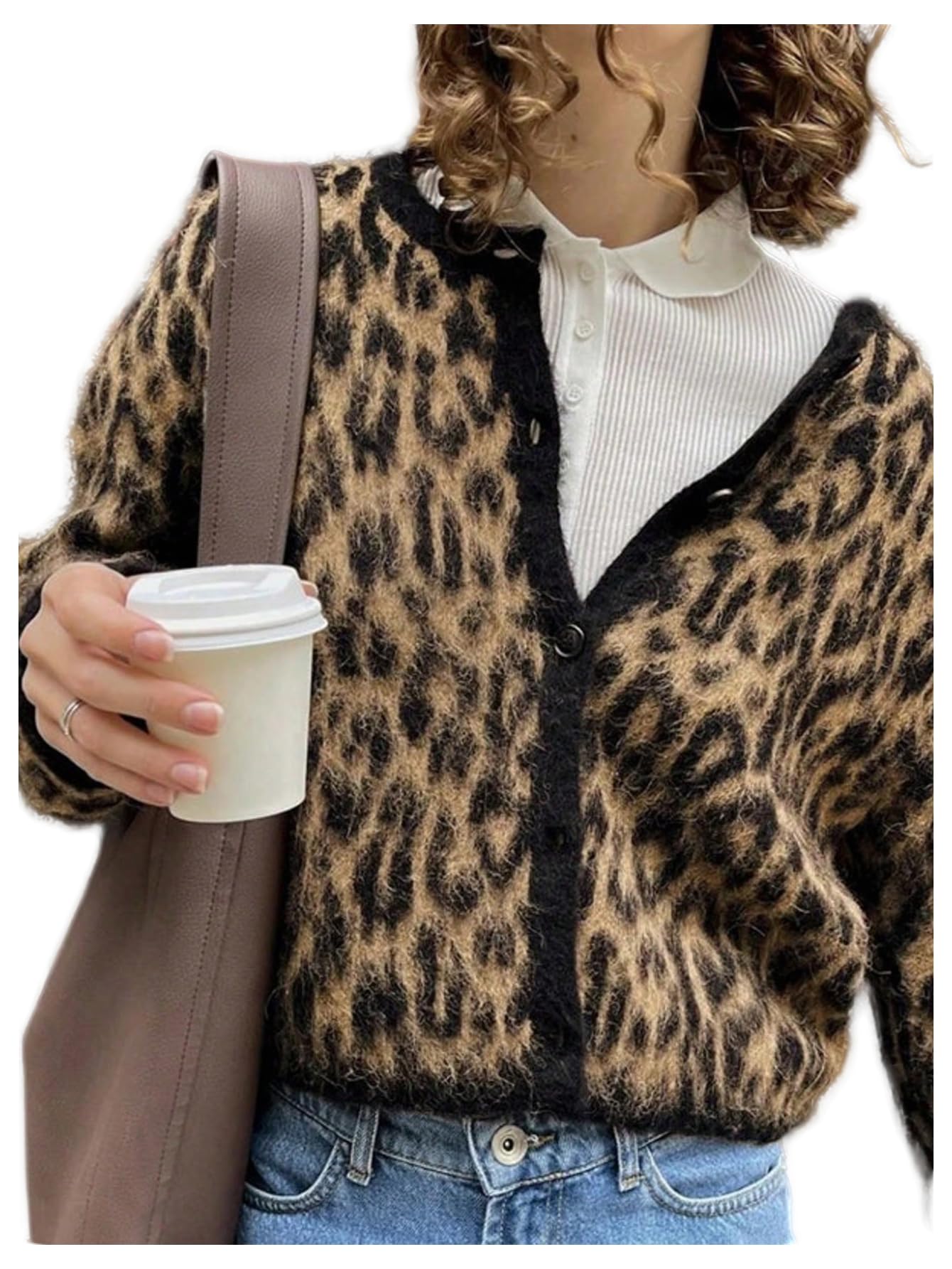 Photo 1 of WDIRARA Women's Leopard Cardigan Sweaters Button Down Long Sleeve Fuzzy Knit Outerwear Brown Medium