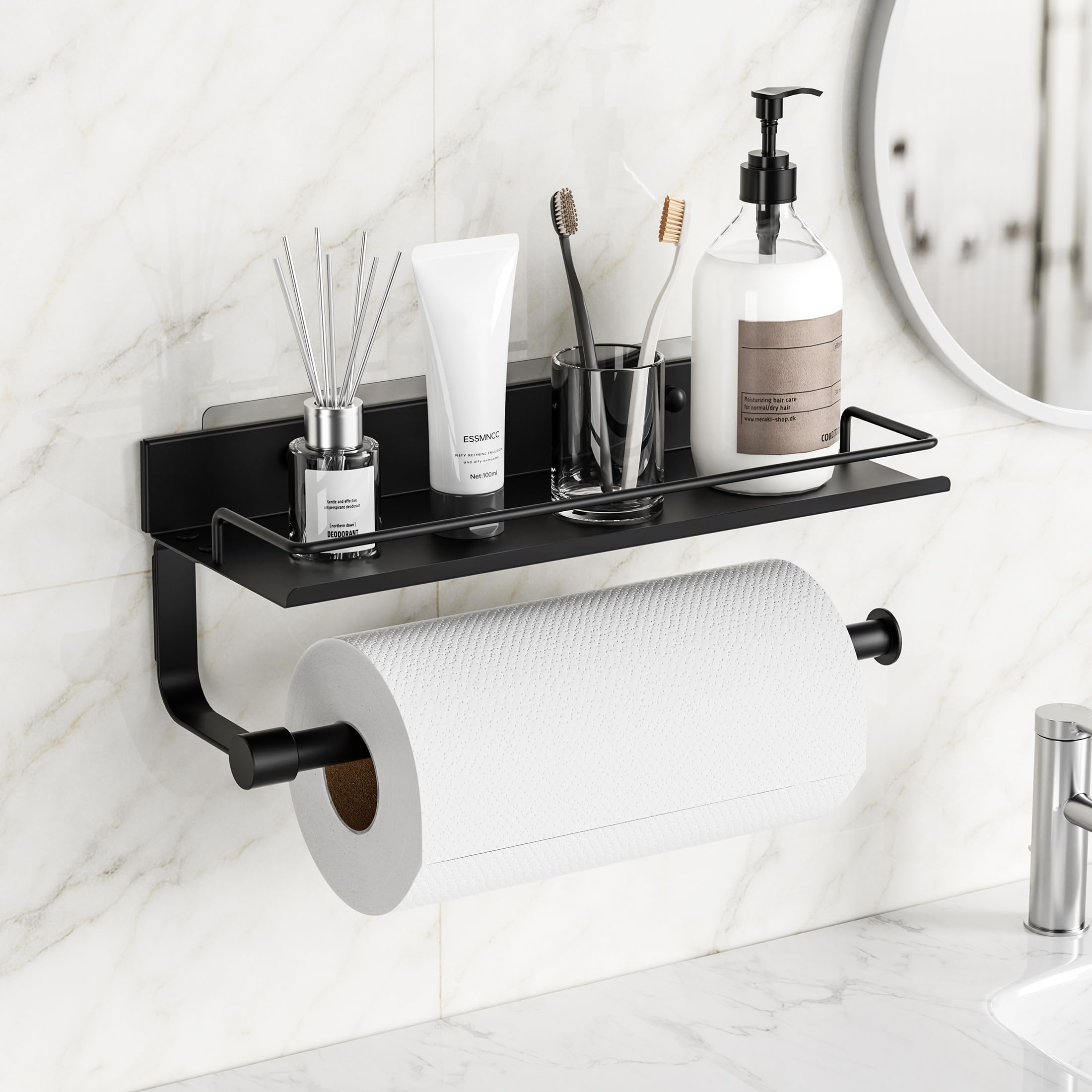 Photo 1 of MAYZOLOP Paper Towel Holder, Wall Mount Paper Towel Holder with Shelf for Bathroom, Paper Towel Wall Holder, Paper Holder with Adhesive & Screw, Metal Black