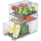 Bronkeeper Pull Out Clear Fridge Organizer Drawers with Drainer, Refrigerator Stackable Storage Bins for Kitchen Fruit & Veggie Organization (Complete Set)