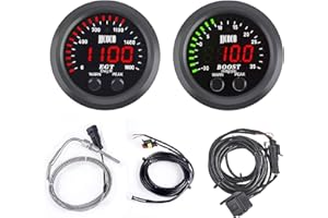 ZHSYMX Universal Exhaust Gas Temperature EGT Gauge Turbo Boost/Vacuum Gauge Kit 2‑1/16in 52mm Red LED with Sensor