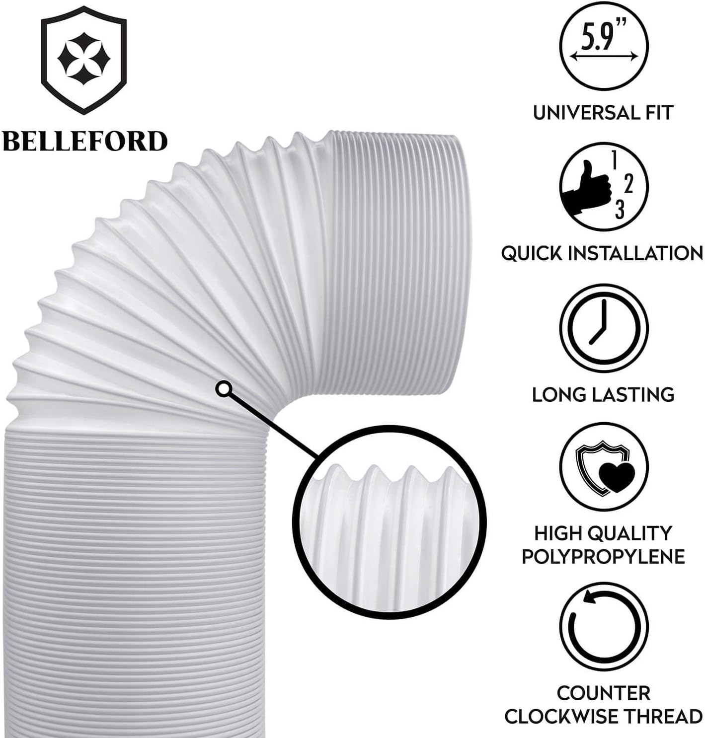 Air Conditioner Portable Exhaust Hose by BELLEFORD - 5.9 in Diameter Size - Universal Flexible Counter-Clockwise Room Airconditioners AC Vent Replacement Tube - Window Kit Extension Accessories Parts: Home & Kitchen