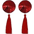 LEOMOSTE Reusable Silicone Sequin Adhesive Nipple Cover Pasties Shiny Bra Sticker Covers Pads with Tassels