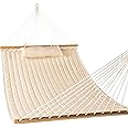 Lazy Daze Hammocks 12 FT Double Quilted Fabric Hammock with Spreader Bars and Detachable Pillow, 2 Person Hammock for Outdoor Patio Backyard Poolside, 450 LBS Weight Capacity, Natural