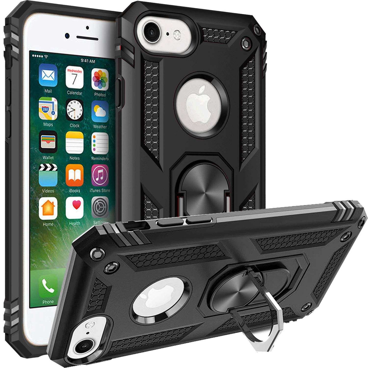 Fetrim Case for iPhone 7, Dual Layer Shockproof Protective Phone Case with Rotation Ring Kickstand for Apple iPhone 6/6S/7/8 Black