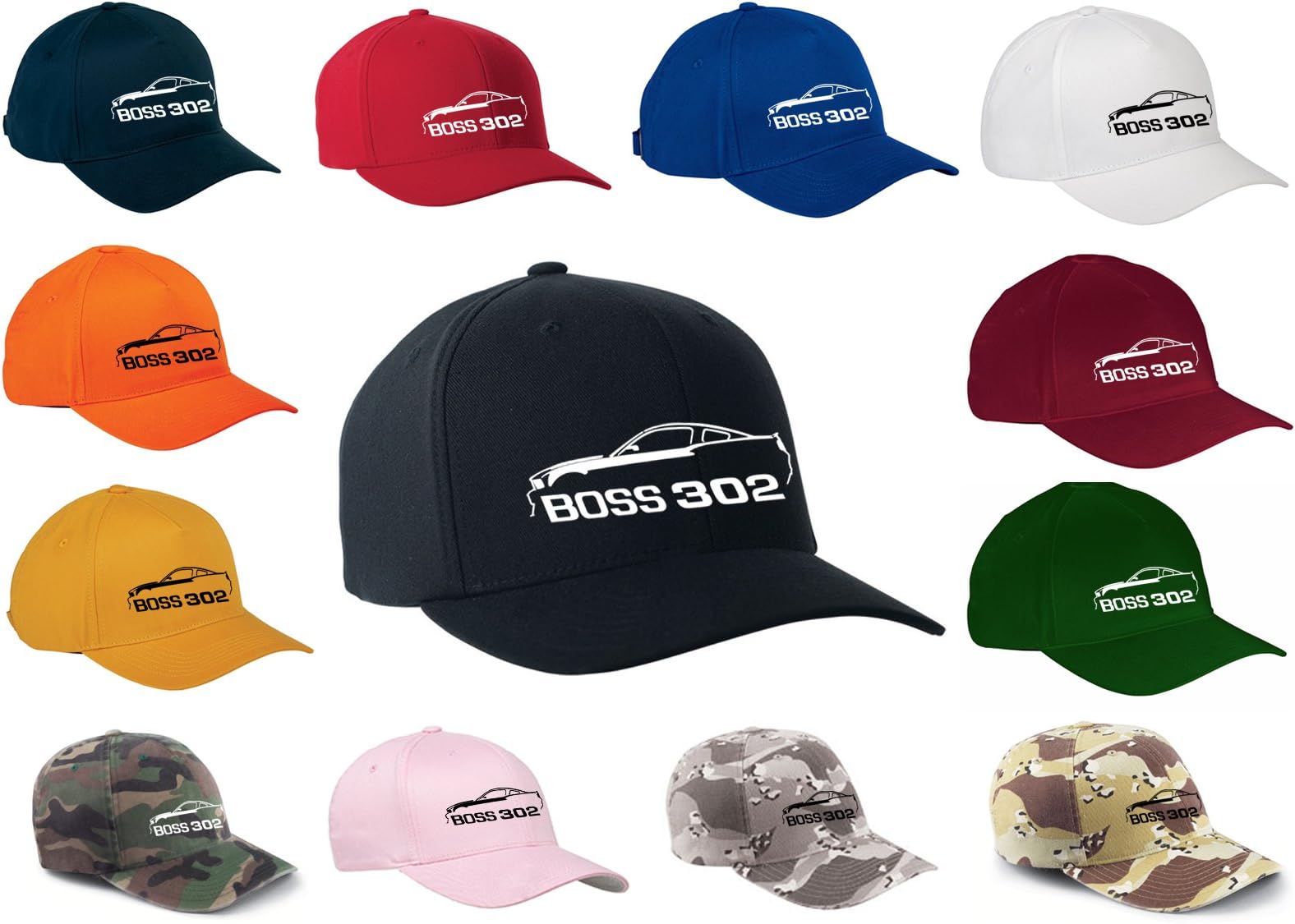 2012 2013 Ford Boss 302 Mustang Classic Outline Design Flexfit hat Cap