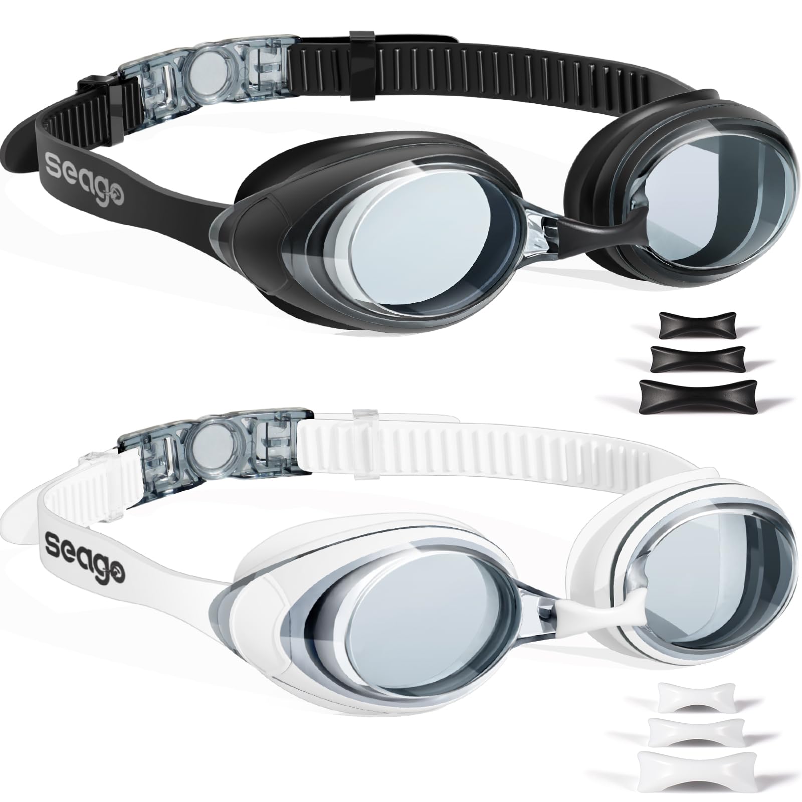 Seago Swimming Goggles 2 Pack Anti Fog Goggles Swimming UV Protection Fit for Adult Men Women Youth Junior, No Leaking Soft Silicone Seal Flat Lens Clear Vision, 3 Sizes of Nose Bridge