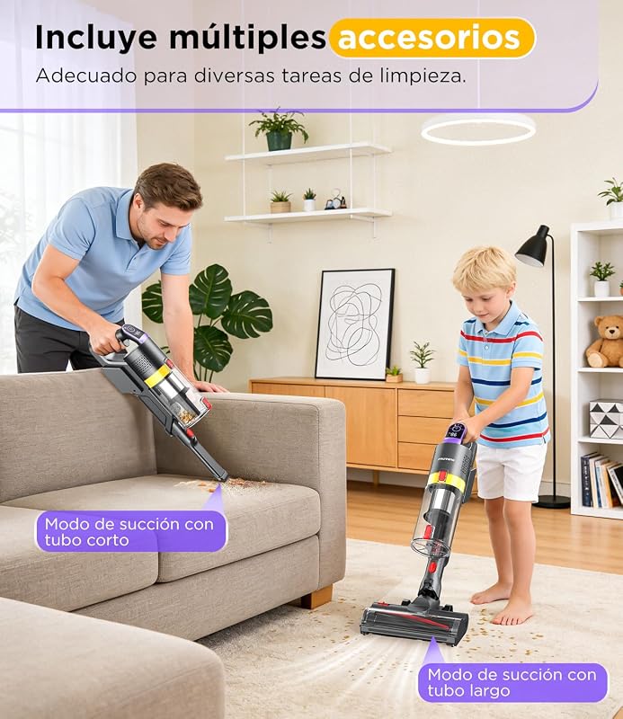 Aspiradora sin Cable Potente Succión de 45 kPa hasta 60 Minutos de Autonomía Resistente a Enredos Aspiradora Escoba Recargable con Soporte de Pared para Pelo de Mascotas y Suelos de Madera — foto 5 de 8