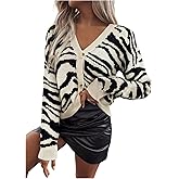 SOLY HUX Women's Zebra Striped Cardigan Sweater Button Down V Neck Long Sleeve Knit Trendy Going Out Tops Fall Clothes