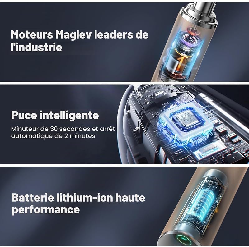 Brosse À Dent Électrique Sonique avec Gratte Langue pour Adulte, 6 Têtes de Brosse, 3 Modes et 40 000 VPM, Charge Rapide 3H 45 Jours, Aspect Métal (Or Rose)