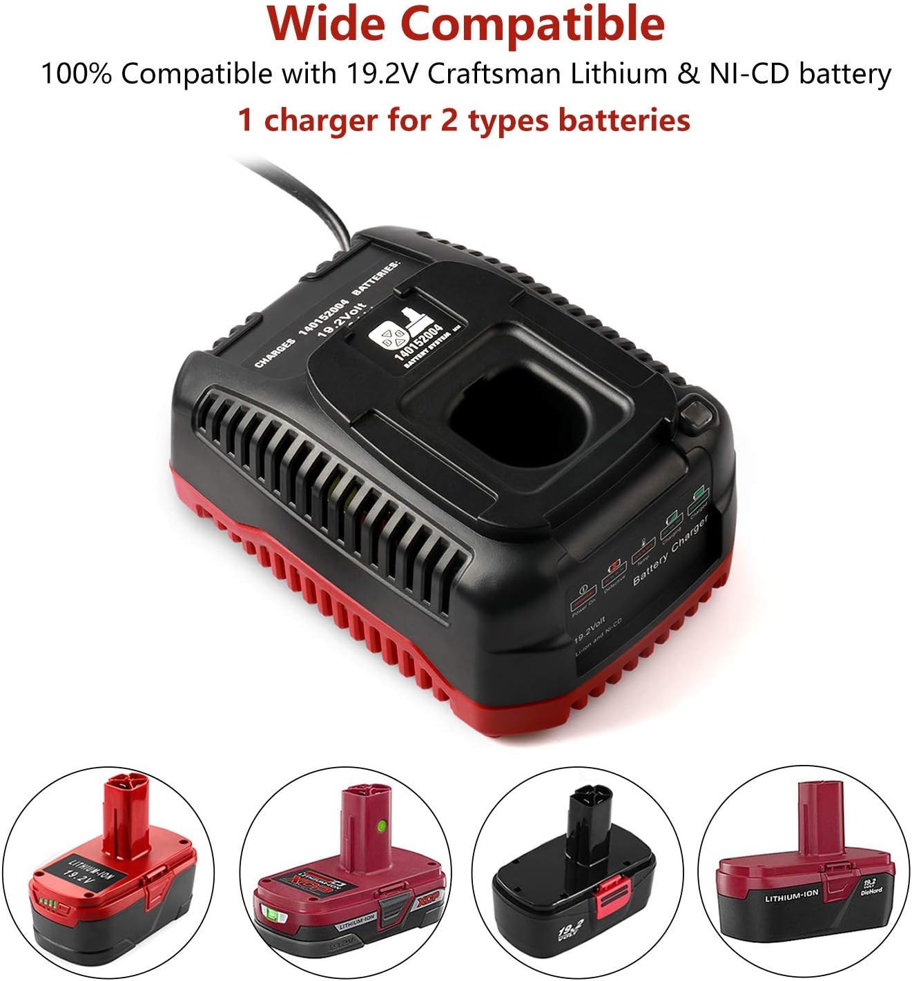 Batteriol 19.2V C3 Battery Charger for Craftsman 19.2V Lithium-ion & NI-CD Battery 11375 11376 130279005 315.PP2011 315.PP2010 Upgraded Dual Chemistry Charger - - 