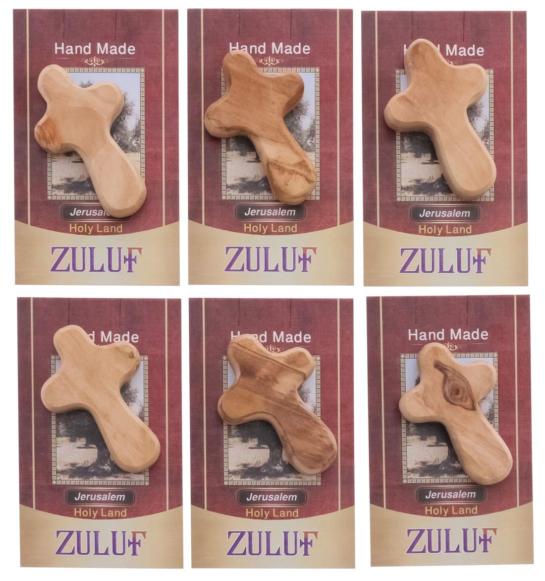 Zuluf Six Small Olive Wood Crosses The Holding Crosses From Israel | Handheld, Comforting Design for Clutching, Clinging With 6 Holy Land Certificates 6cm / 2.5 Inch Each Cross - CRS095
