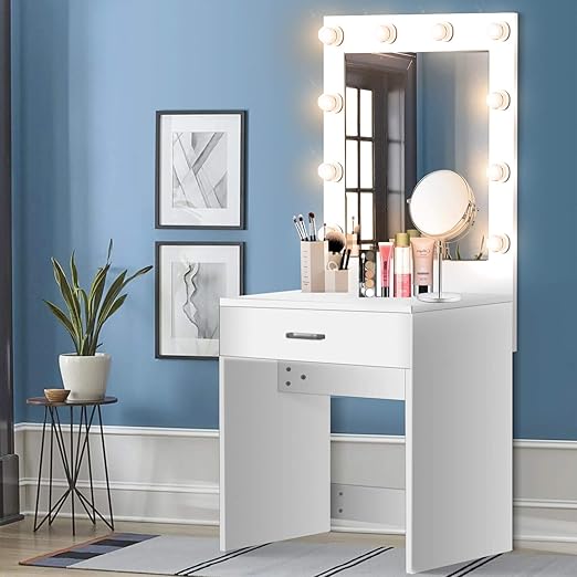 white vanity set with lighted mirror