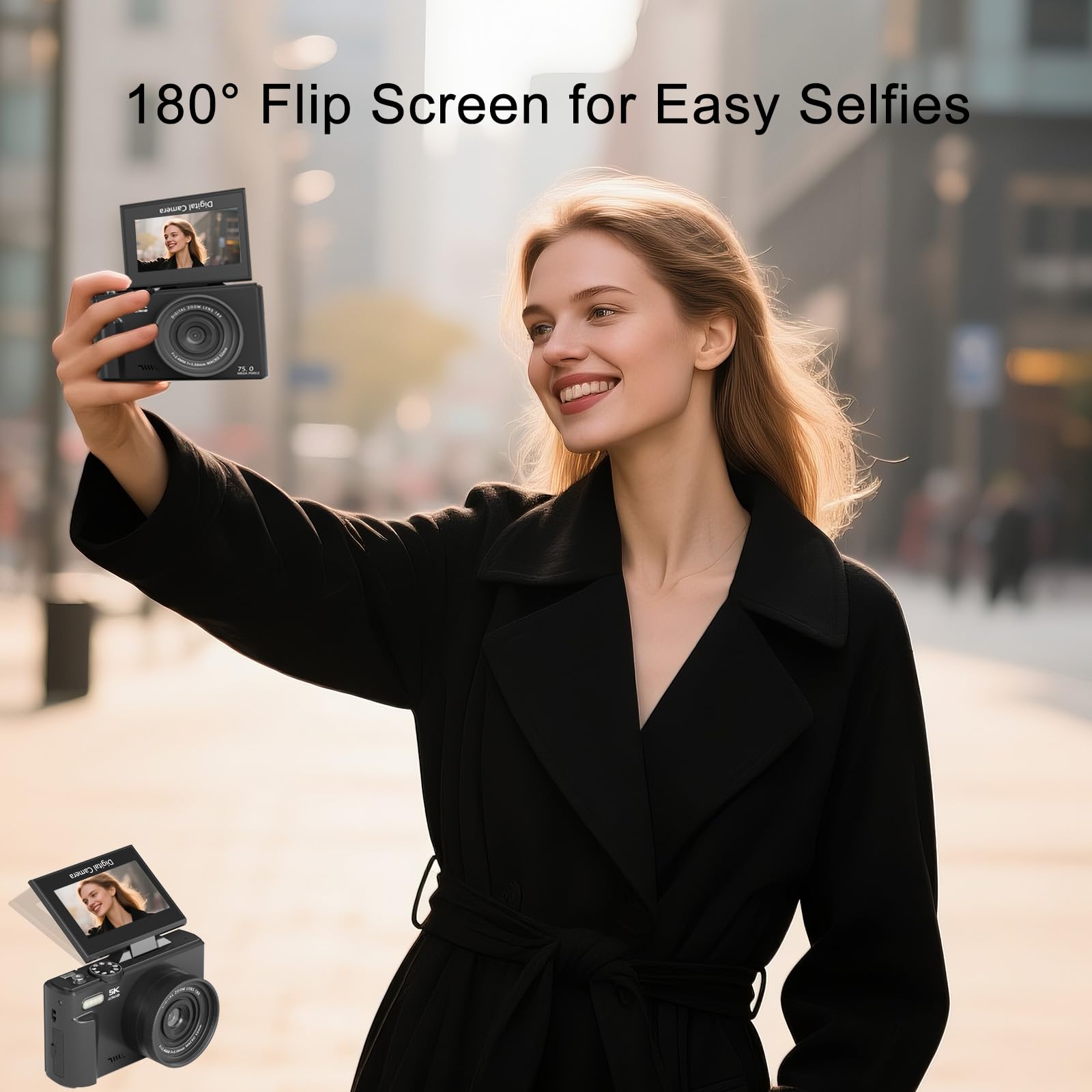 FLATIC Digital Camera, 5K 75MP Cameras for Photography with WiFi & 64GB TF Card, Autofoucs Vlogging Camera for YouTube with 180° Flip Screen, Compact Vlog Travel Camera Kit for Beginner, Teens (Black)