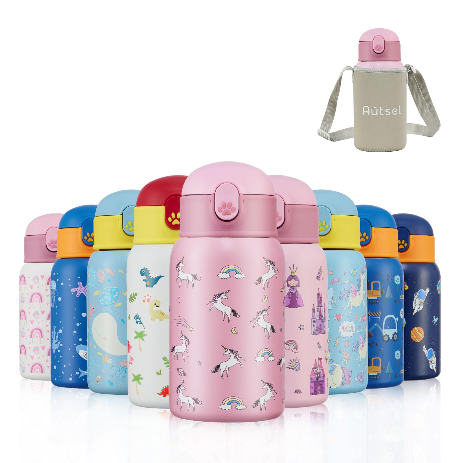 Autsel Kids Water Bottles with Straw 400ml, Childrens Insulated Water Bottle Stainless Steel BPA-Free, Kids Metal Water Bottle for Girls/Boys, Keep Hot/Cold — image 1