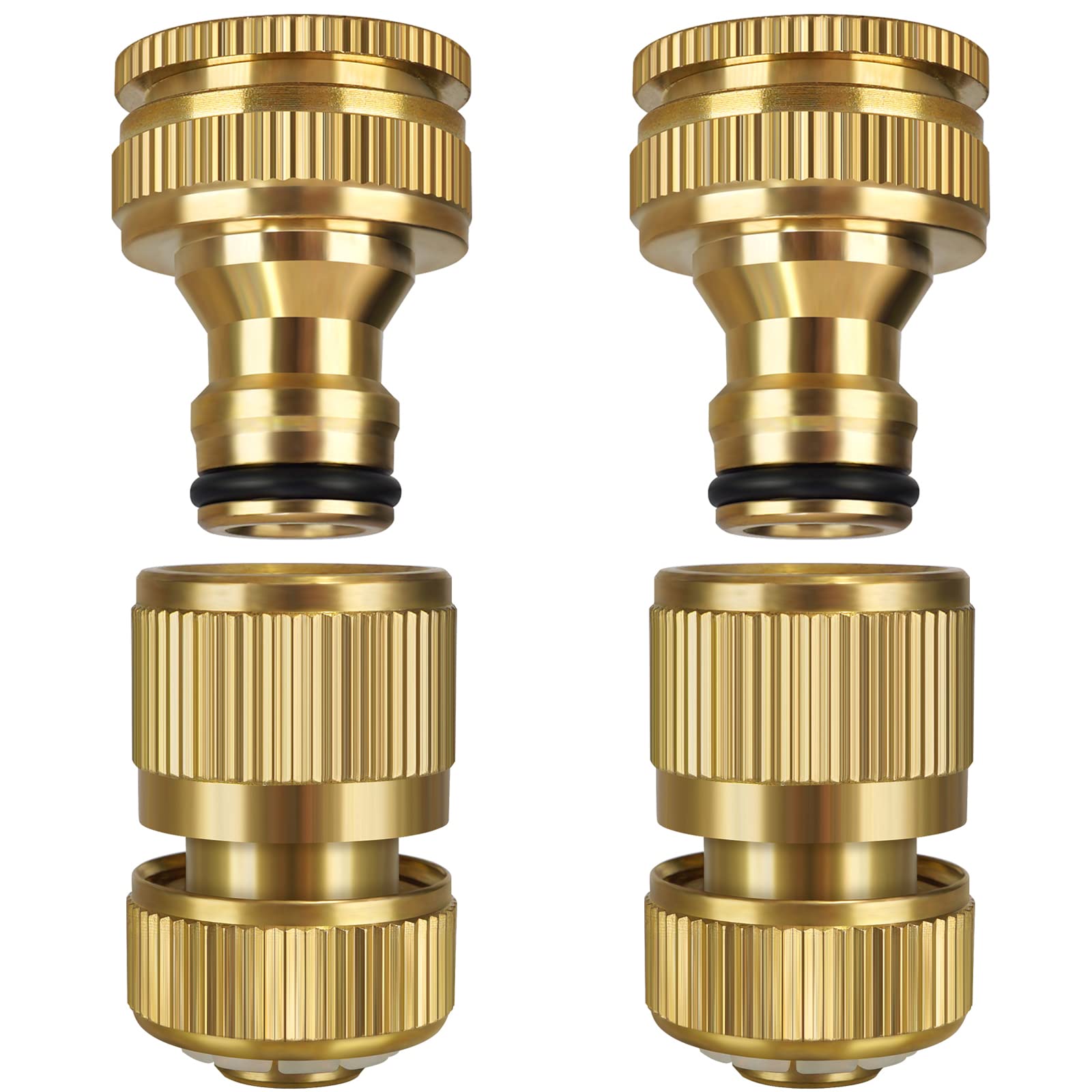 iBamso Garden Hose Connector, Solid Brass Garden Tap Connector, 1/2 Inch and 3/4 Inch 2-in-1 Faucet Connector, 1/2 Inch Quick Connect Garden Hose Fittings, Thread Easy Connect Faucet Adapter (4 Pack)