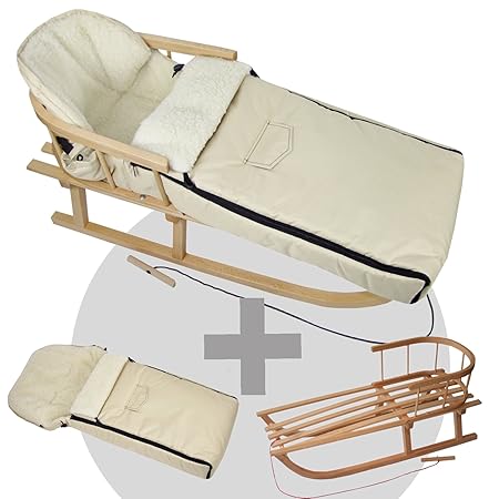 BambiniWelt24 BAMBINIWELT Kombi-Angebot Holz-Schlitten mit Rückenlehne & Zugseil + universaler Winterfußsack (108cm), auch ge