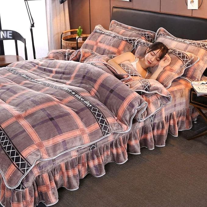 YYHJ Teddy Wool Bedding King Size Suit Winter Thick Warmth Coral Fleece Bed Skirt Doublesided