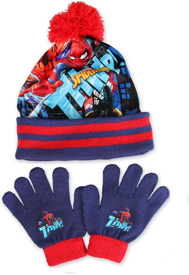 BOYS SPIDERMAN WINTER POMPOM BOBBLE HAT AND GLOVE SET GOOD QUALITY
