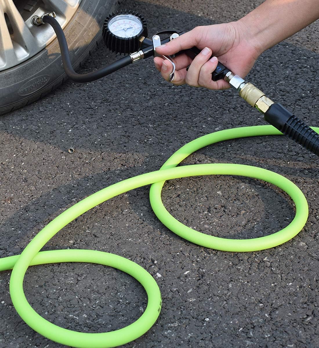 YOTOO Hybrid Air Hose 3/8-Inch by 50-Feet 300 PSI with 1/4-Inch Industrial Solid Brass Quick Coupler Fittings and Bend Restrictors for Heavy Duty, Lightweight, Flexible at All Weather Use, Green - - 