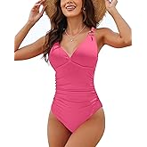 Charmo Tummy Control One Piece Swimsuits for Women Ribbed Ruched Bathing Suit V Neck Strappy Monokini