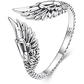 Bellitia Jewelry 925 Sterling Silver Angel Wing Ring Feather Motif Adjustable Ring, Vintage Women' Ring for Wedding Engagement