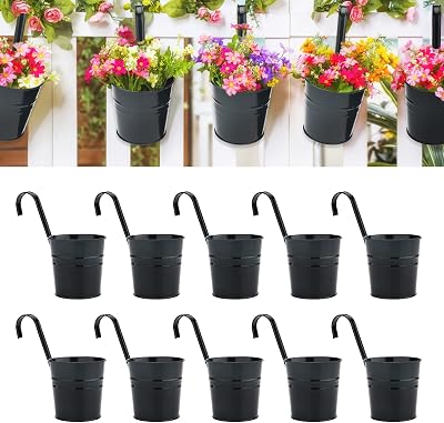 KINGLAKE 10Pcs 10cm Metal Hanging Plant Pots with Detachable Hook Black Garden
