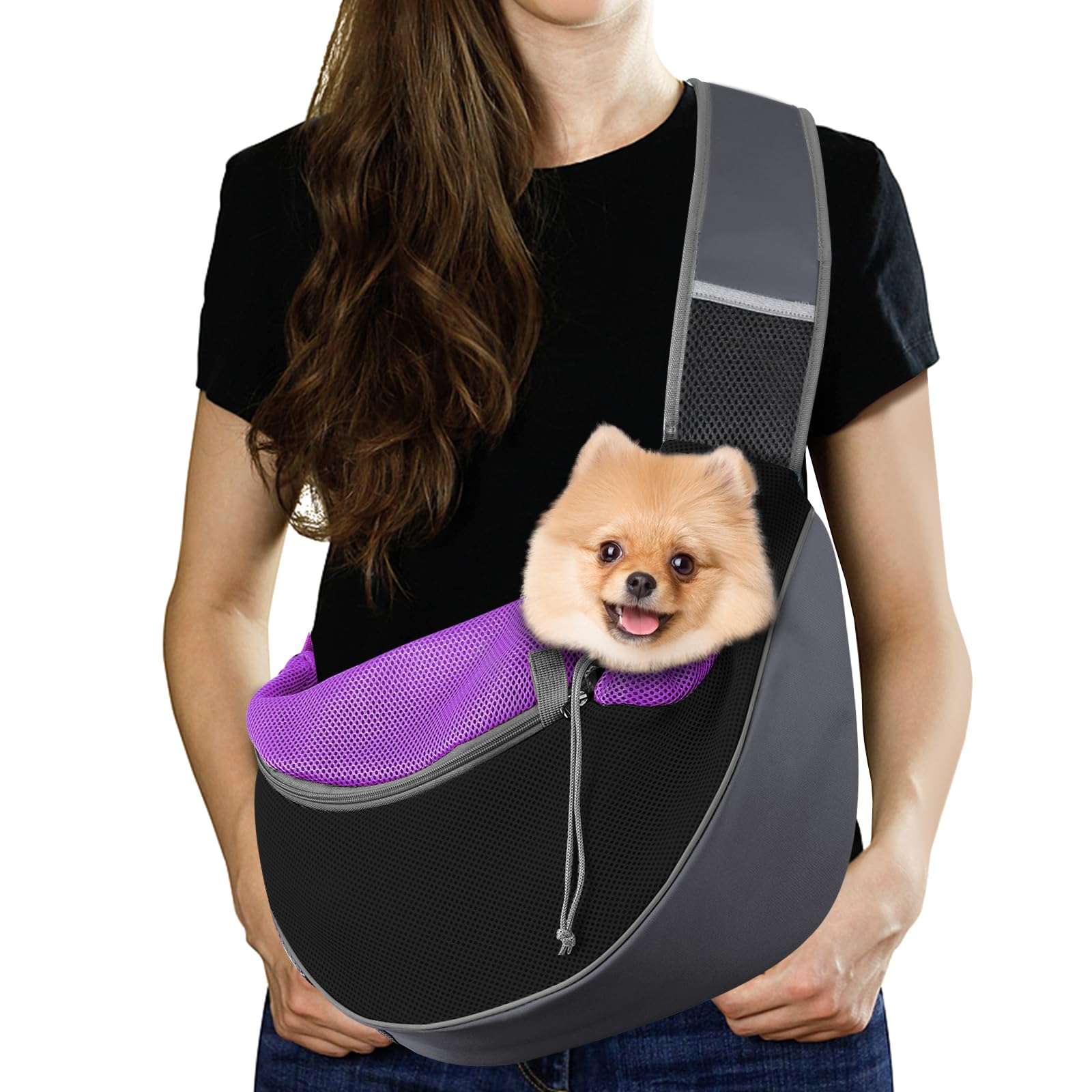 Photo 1 of Pawaboo Dog Sling Carrier, Hand Free Breathable Mesh Bag for Puppy Cat, Drawstring Dog Papoose with Adjustable Strap and Pocket, Crossbody Satchel Dogs Purse for Outdoor Travel, L, Deep Purple