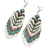 Long Beaded Dangle Earrings – Boho Native Handmade Seed Bead Tassel Bohemian Large Statement Drop Fringes for Women