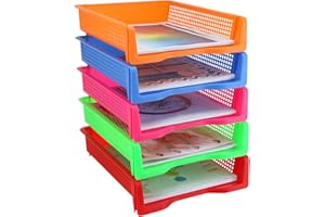 Zilpoo 5 Tier - Plastic Desk Letter Organizer Tray, Stackable Office Desktop Document Paper Storage, Front Load File Holder, Portrait, Assorted Colors